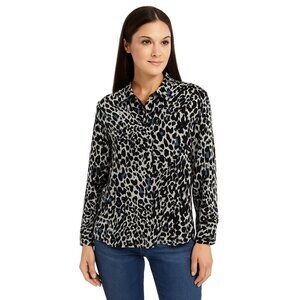 Talbots Medium Blue Black Grey Button Down Long Sleeve Leopard Print Blo…